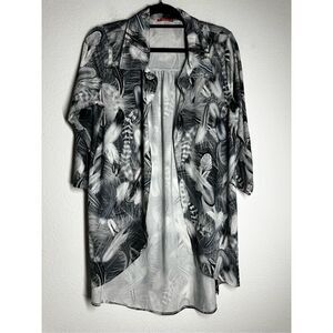 Simply Aster By Firmiana Women’s Collared Cardigan Leaves Print Gray White Sz XL